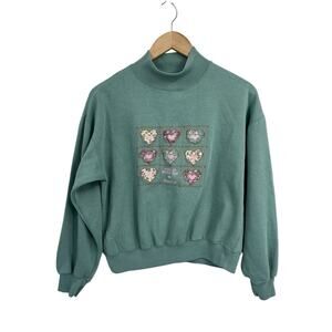 Vintage 90S Mock Neck Green Grandma Quilted Heart Sweatshirt Medium